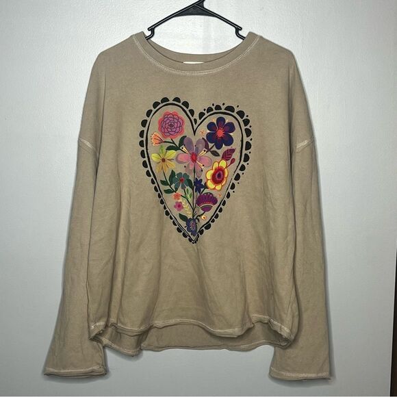 Natural Life NEW Heart Floral Crewneck Sweatshirt Beige Tan Oversized Size XL - Picture 2 of 5